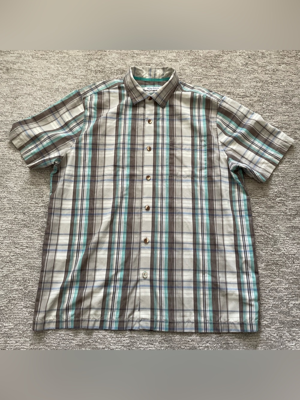 Tommy Bahama Island Zone Button Up Shirt Mens XLT Plaid Silk Blend Short Sleeve